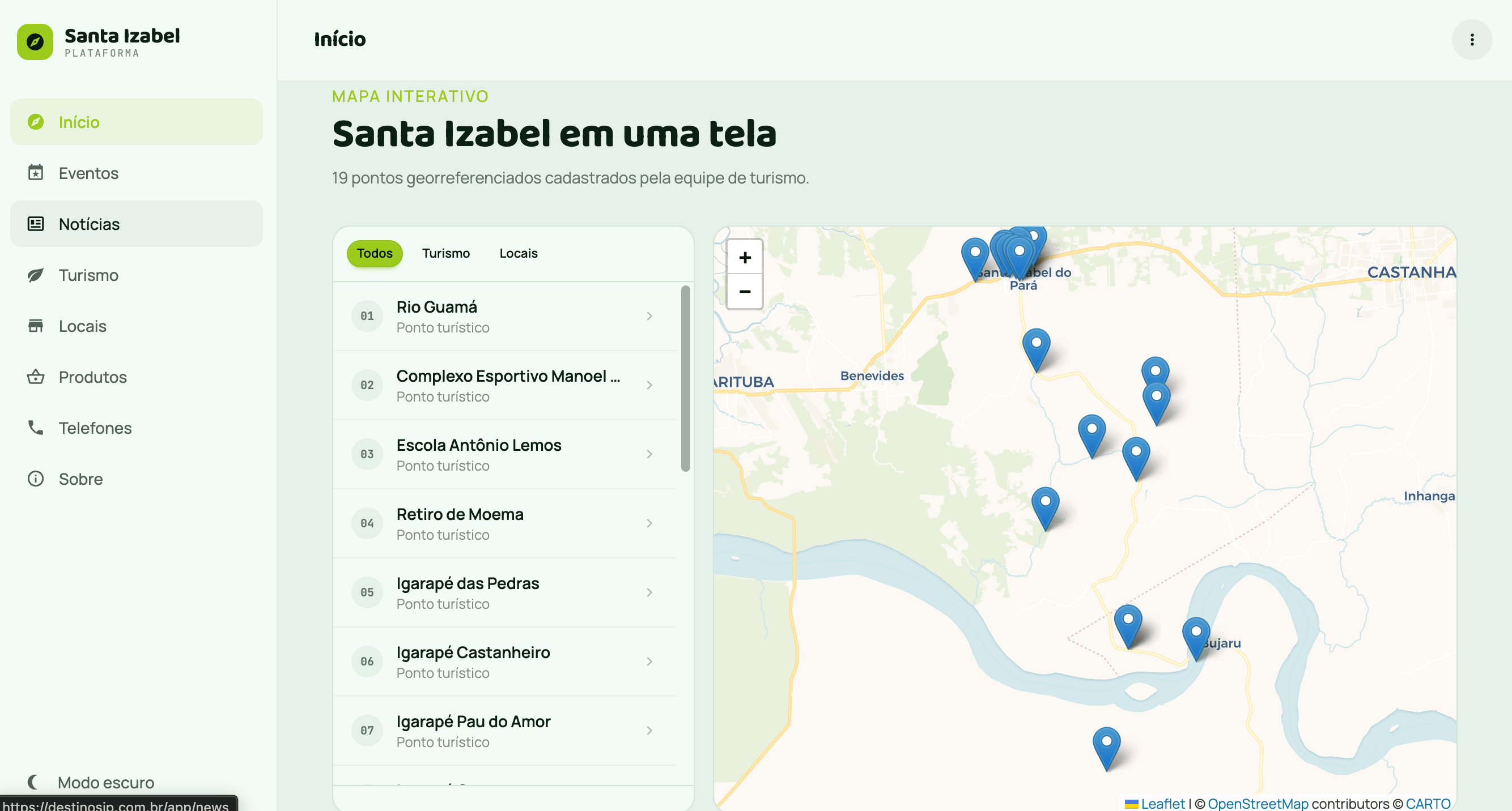 App do Turista mostrando mapa interativo com pontos cadastrados